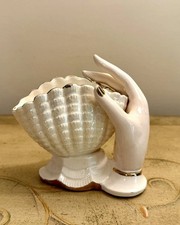 Vtg MCM 50s Hand Vase Iridescent Ceramic Shell Planter/Trinket Dish-Gold Gilt-5” picture
