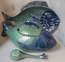 Vintage OLFAIRE Majolica Fish Soup Tureen Lid Ladle Platter Blue Green Portugal picture