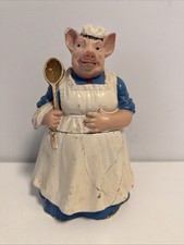 Rare Antique Ceramic Figural Tobacco Jar Humidor - Pig Cook Holding Spoon Apron picture