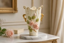 Vintage UCAGCO Japanese ceramic vase with applied pink roses and gold trim 8” picture