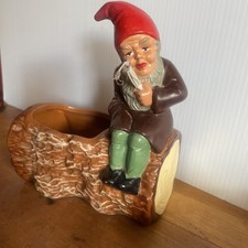 Vtg Heissner Gnome Germany Terra-Cotta Sitting On A Tree Stump W/Flowers picture