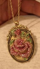 Stunning Leaf Top Goldtone Sculpted Pink Green Rose Rhinestone Pendant Necklace picture