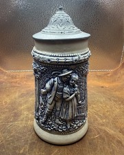 Vintage 0.5L German Relief Beer Stein Couple Scene Metal Pewter Style Lid picture