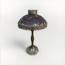 Vtg Hand Painted Tiffany-Style Stained -Glass Reverse Table Lamp Floral Design picture