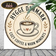 Hygge Denmark Cafe Coffee Cup Script Circular Ring Round Metal Plaque Sign 8x8 picture
