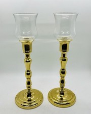 Pair of Vtg Brass Turned Stem Candle Holders with Glass Hurricane Votive Inserts picture