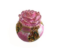 Bejeweled Pretty Pink Rose Round Box Hinged Metal Enameled Rhinestone Trinket picture