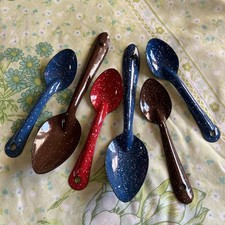 Enamelware Spoons 6PC Lot Speckled Blue, Brown & Red Please See Pics  picture