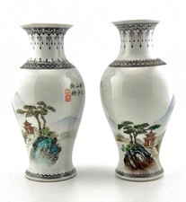 Two Vintage Chinese Porcelain Vases: Landscape scene+stand-Beautiful condition picture