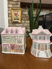 Vintage Lenox Village Nut Shoppe Canister & House Teapot 1993 Porcelain Set picture
