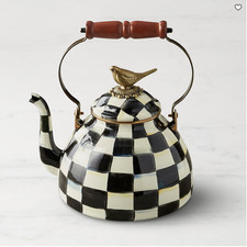 MacKenzie-Childs Courtly Check Tea Kettle 3 Qt with Bird Knob, Whistling Stoveto picture
