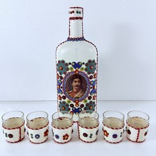 VTG Yugoslavia Leather Wrapped Decanter Glass Bottle Shot Glasses Folk Art Set picture