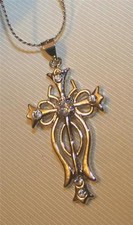 Lovely Rhinestone Open Sloped Shiny Silvertone Cross Pendant Necklace picture