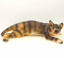 Vintage Japan Ceramic Tabby Cat Figurine Reclining Matte Red Eyes MCM Kitsch picture