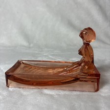 Vintage Art Deco Pink Depression Glass Nude Lady Soap Dish Trinket Tray 1930s picture