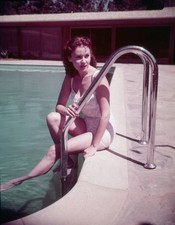 Rhonda Fleming wearing a white lace swimsuit leans on a ladder whi- Old Photo picture