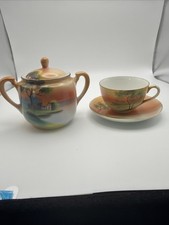 Antique Nippon Hand Painted Japan Tea Cup Saucer & Covered Sugar Bowl Scenic picture