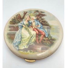 Vintage Lin-Bren Enameled Victorian Courting Themed Powder Compact w/Powder Puff picture