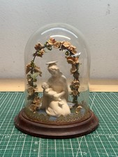 Vintage Handmade Porcelain Nativity Figurine Under Glass Dome with Floral Arch picture