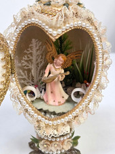 Vintage Handcrafted Diorama Egg Mini Musical Angel Shells Lace Christmas picture