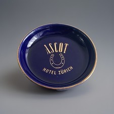 Vintage Ascot Hotel Zurich Ashtray Fuhrmann Neuchatel Cobalt Blue Gold 3.25