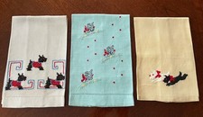 Lot of 3 Vintage Linen Hand or Tea Towels Embroidered Scottie Dogs MCM 1940s-50s picture