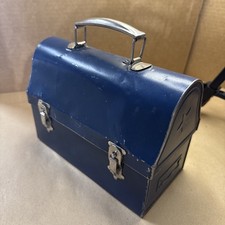 Vintage 1940s Blue Dome Top Metal Lunch Box Pail w/ Original Thermos picture