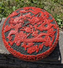 Antique Red Cinnabar Carved Dragon Floral Red Laquer Asian Round Trinket Box picture