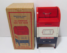 All American 1950's Red White Blue Metal Mail Box Bank in Original Box w/ Key picture