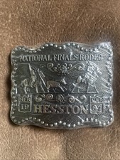 New In Wrapper - 1987 Hesston National Finals Rodeo Metal Belt Buckle 3 1/2”x3” picture