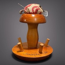 VTG Wooden Mushroom Pin Cushion Spool Holder Arkadelphia AR Folk Art Grandmacore picture