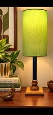 Vintage Mid Century Table Lamp Chartreuse Green Drum Shade 21” MCM Mod Wood Lamp picture