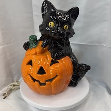 VTG 70s Lighted Ceramic Halloween Black Cat & Happy Jack O’Lantern-12” picture
