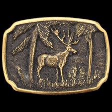 Elk Stag Deer Forest Woods Vintage Solid Brass 1970s BTS Vintage Belt Buckle picture