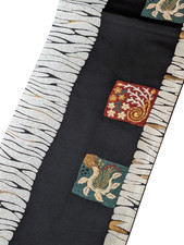 Japanese Kimono Silk Fukuro Obi Black White Wavy Striped Karakusa Floral Motif picture
