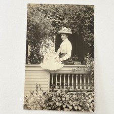 Antique RPPC Real Photograph Postcard Beautiful Woman Hat Baby Porch ID Barnett picture