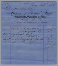 1889 Billhead  SAMUEL BIDE FLORIST  Farnham, Surrey - Uk Rare picture