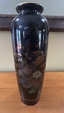 VTG Sato Gordon Japanese Porcelain Black Vase Gold Rim Floral Bird Deco 10”H picture