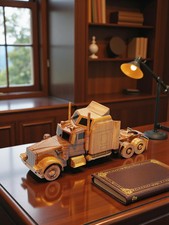 Handcrafted Wood Semi Truck Model: Big Rig Collectible Decor picture
