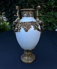 French style crazed Urn Vase 16 in w/ bronze Mounts Floral Seated Woman Figure picture