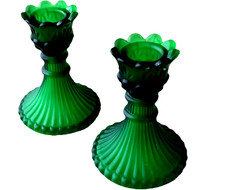 Vintage Glass Tulip Candle Holders Pair ART DECO Frosted Emerald Green RARE picture