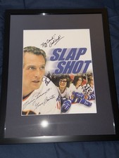 Slap Shot Tri-Signed Framed Photo Yvon Barrette, Dave Hanson, Jeff Carlson picture