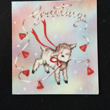 Vintage Unsigned MCM Christmas Card Cute Lamb w/ Red Bow and Bells picture