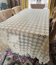 Vtg 2 Tone Cream Beige Handmade Fine Crochet Lace Tablecloth Coverlet 104”x62” picture