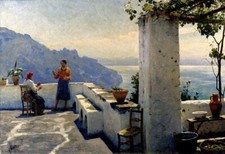 Oil painting Peder-Mork-Monsted-Ravello woman in landscape by ocean picture