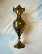 Brass Bud Vase Flared Rim Etched Engraved Floral Decorative Design picture