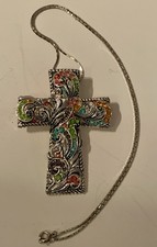 Large Boutique Cross Pendant Necklace Rhinestone Ornate Silvertone picture