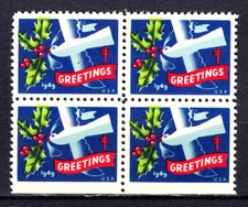 US 1949  CHRISTMAS SEALS BLOCK OF 4 scott #  WX146 GREETINGS  MNH OG   H1612G picture