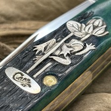 Case XX NEW Custom Silver Inlay 3D Frog & Lily Pad Trapper Green KY Bone W/Clip picture