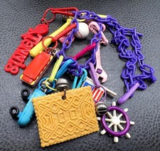 VTG 1980s Plastic Bell Charm 22” Necklace Purple Chain Tennis Cookie Flag Bells picture